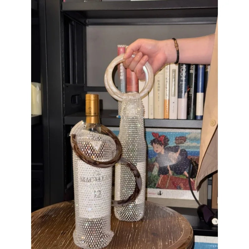 Stylish Resin Handle Wine Pouch Mesh and Embedded Rhinestones Bottle Holder Versatile Insulation Cup Bag for Daily Use