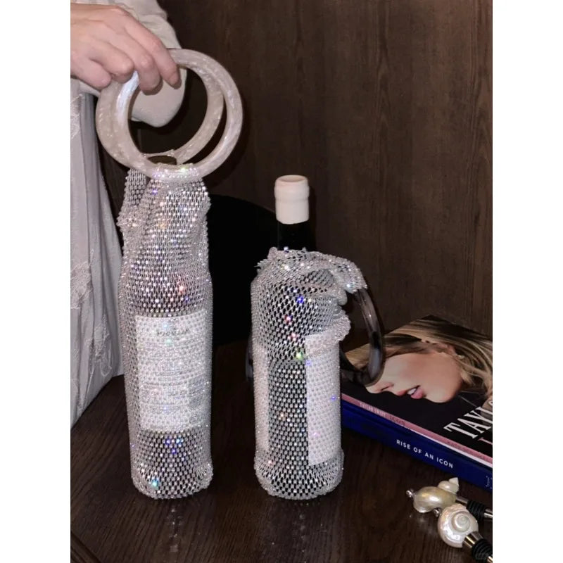 Stylish Resin Handle Wine Pouch Mesh and Embedded Rhinestones Bottle Holder Versatile Insulation Cup Bag for Daily Use