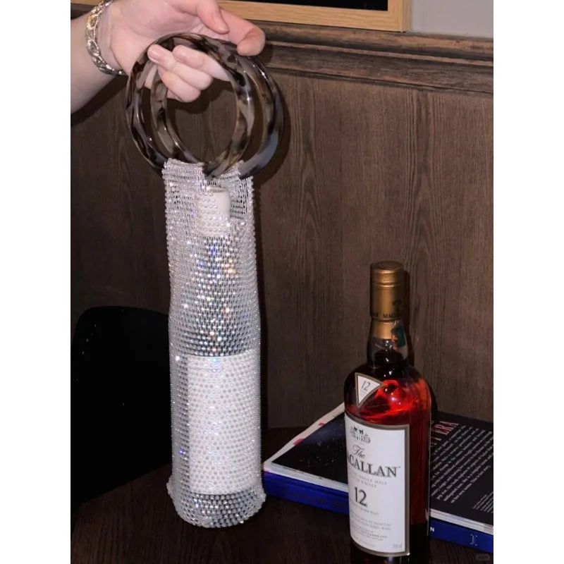 Stylish Resin Handle Wine Pouch Mesh and Embedded Rhinestones Bottle Holder Versatile Insulation Cup Bag for Daily Use