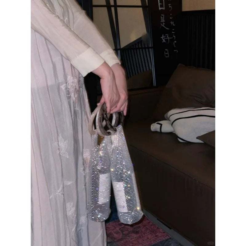 Stylish Resin Handle Wine Pouch Mesh and Embedded Rhinestones Bottle Holder Versatile Insulation Cup Bag for Daily Use