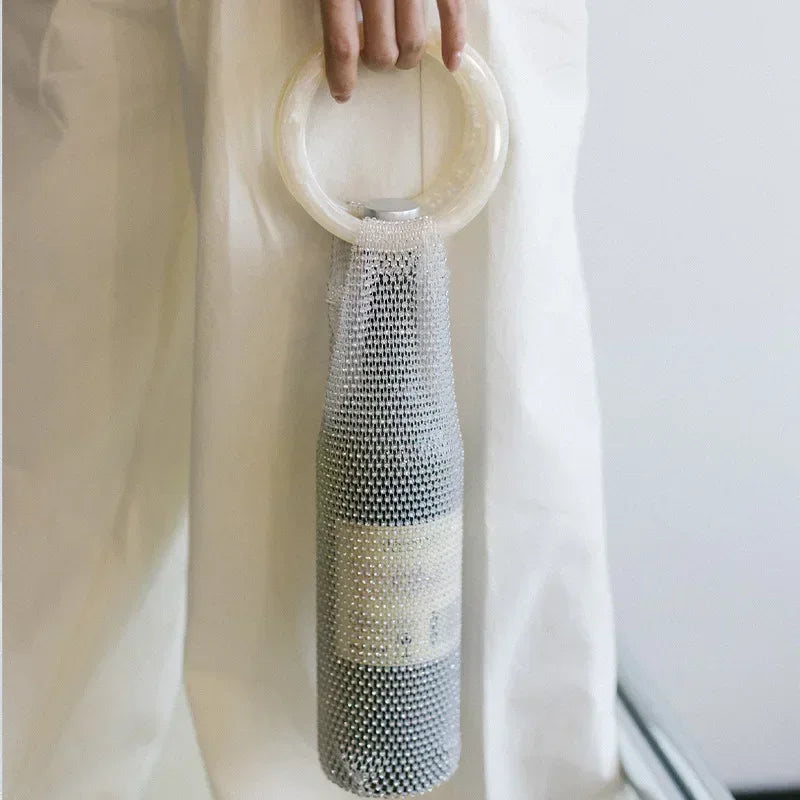 Stylish Resin Handle Wine Pouch Mesh and Embedded Rhinestones Bottle Holder Versatile Insulation Cup Bag for Daily Use