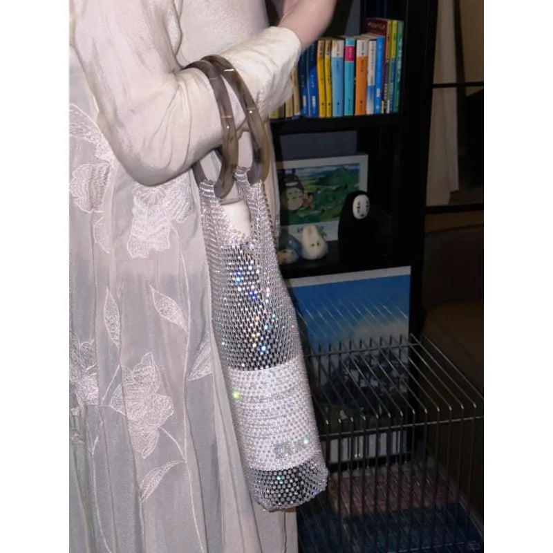 Stylish Resin Handle Wine Pouch Mesh and Embedded Rhinestones Bottle Holder Versatile Insulation Cup Bag for Daily Use